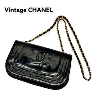 💯AUTH CHANEL MINI FLAP BAG PATENT BLACK LEATHER GOLD CHAIN SHOULDER CROSSBODY